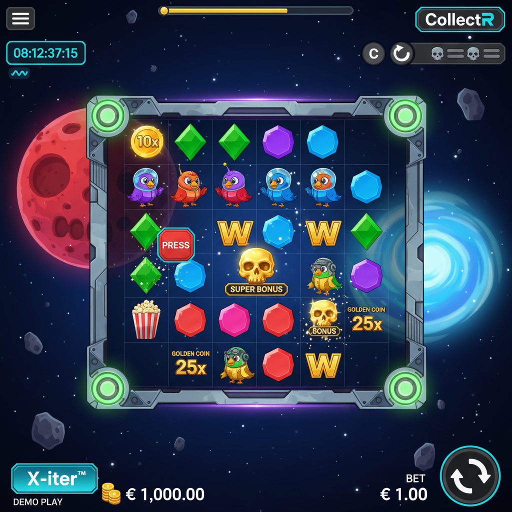 Pirots 4 Hauptbildschirm mit 6x6 Spielfeld und vier Sammelvögeln